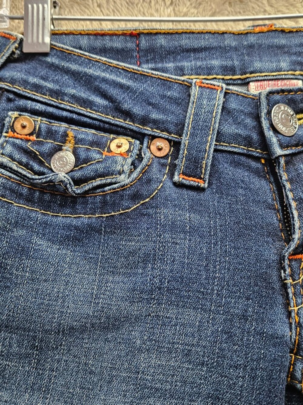 True Religion Billy Jeans Denim Made in USA Thick Stitching Flap Pockets Size 24 - Picture 9 of 11